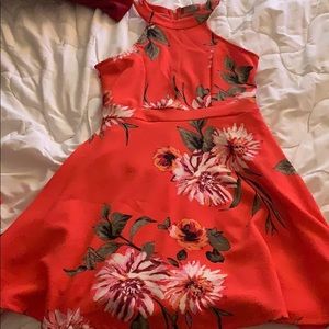 Coral and floral skater girl dress